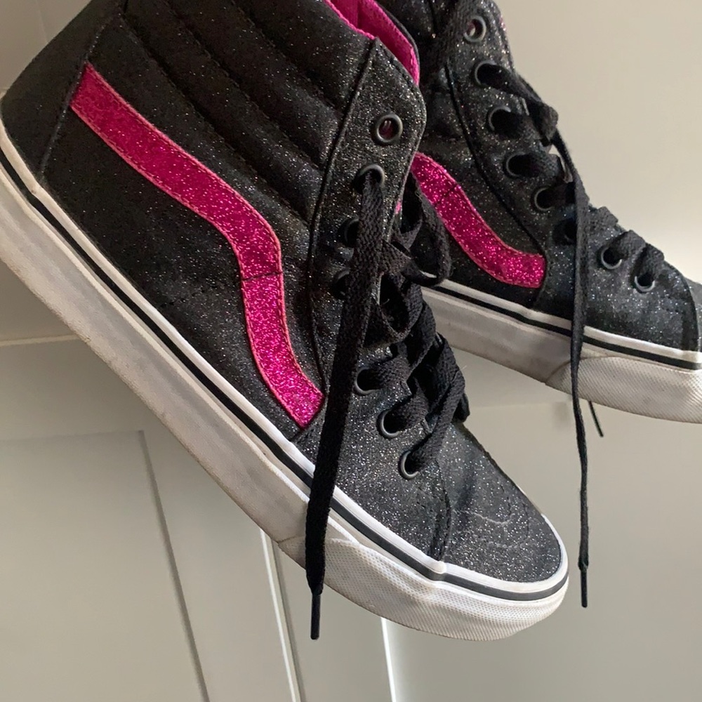 Black & Hot Pink High-Top Sparkly Vans - Size 9